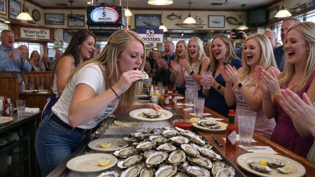 Illustration for the news story: Delaware Finalist Downs 52 Oysters to Win Distinguished Young Women Contest at Wintzell’s