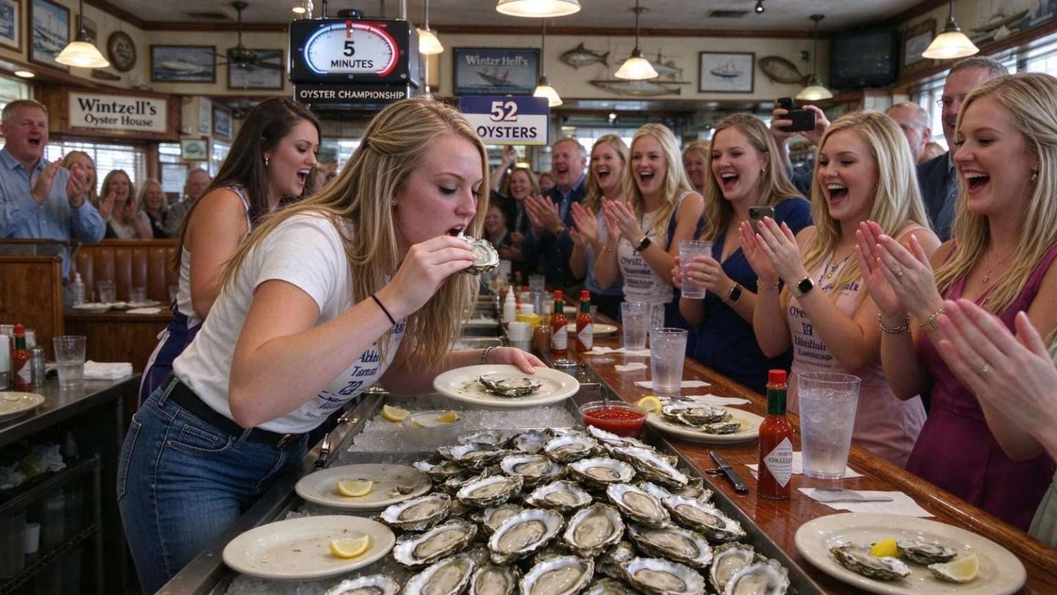 Illustration for the news story: Delaware Finalist Downs 52 Oysters to Win Distinguished Young Women Contest at Wintzell’s