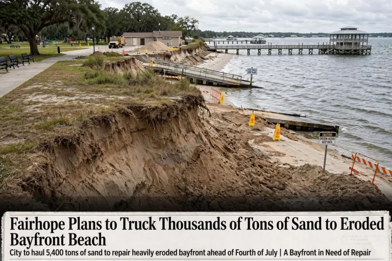 Illustration for the news story: Fairhope Plans to Truck Thousands of Tons of Sand to Eroded Bayfront Beach