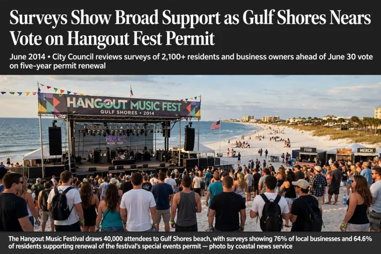 Illustration for the news story: Surveys Show Broad Support as Gulf Shores Nears Vote on Hangout Fest Permit