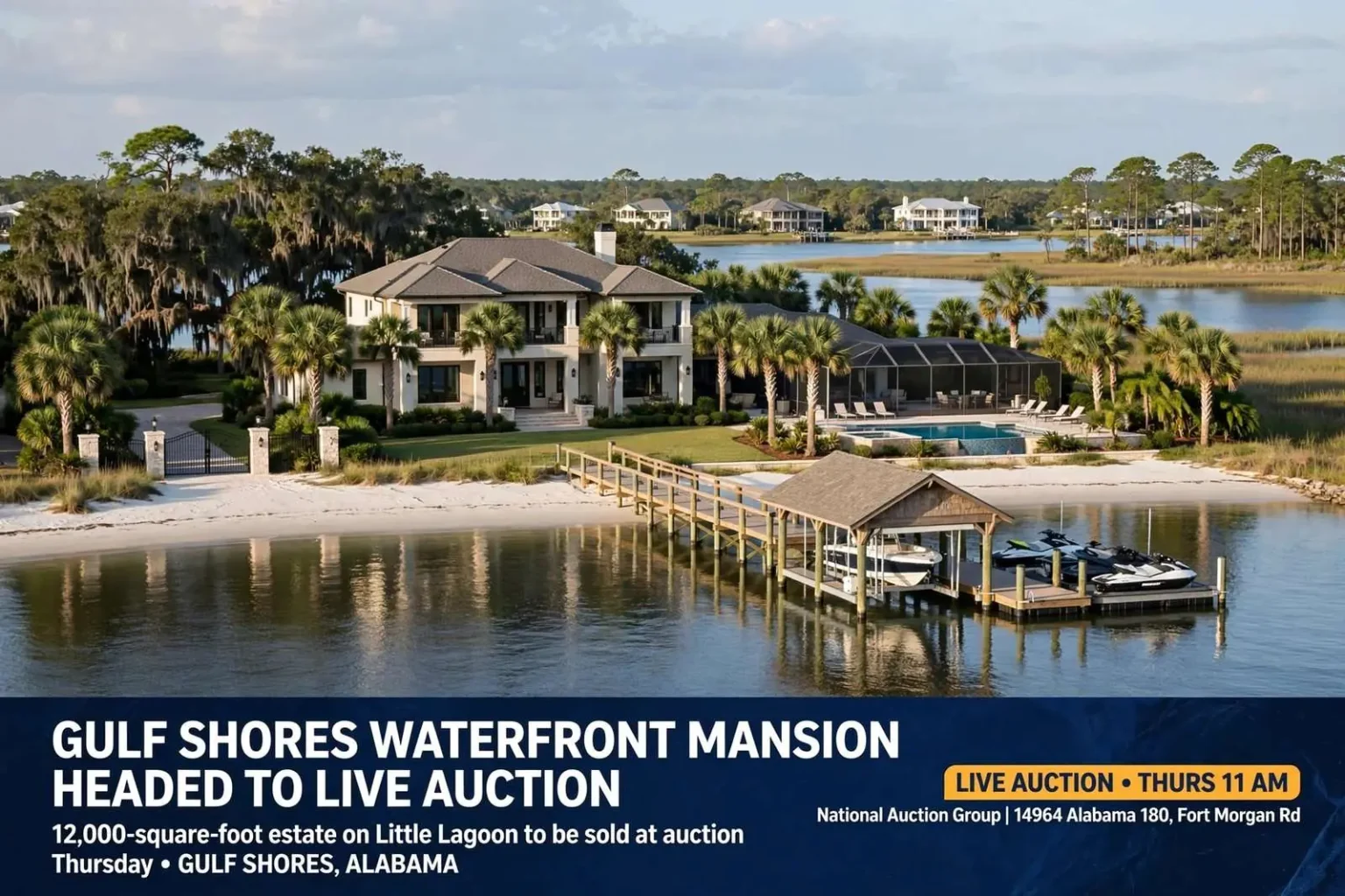 Illustration for the news story: Gulf Shores Waterfront Mansion Headed to Live Auction