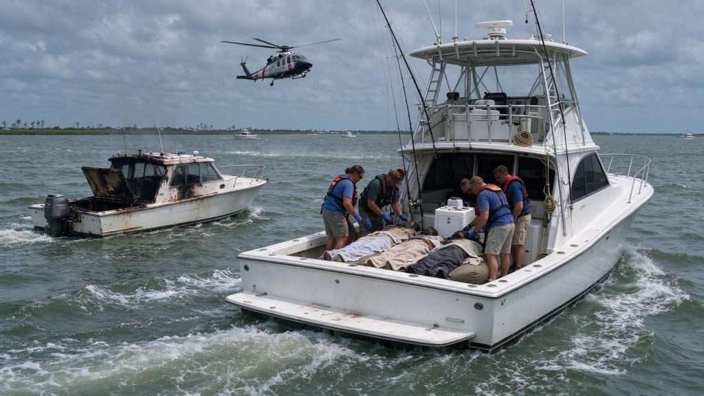 Illustration for the news story: Mississippi Angler Ferries Burn Victims to Safety After Boat Fire Near Dauphin Island