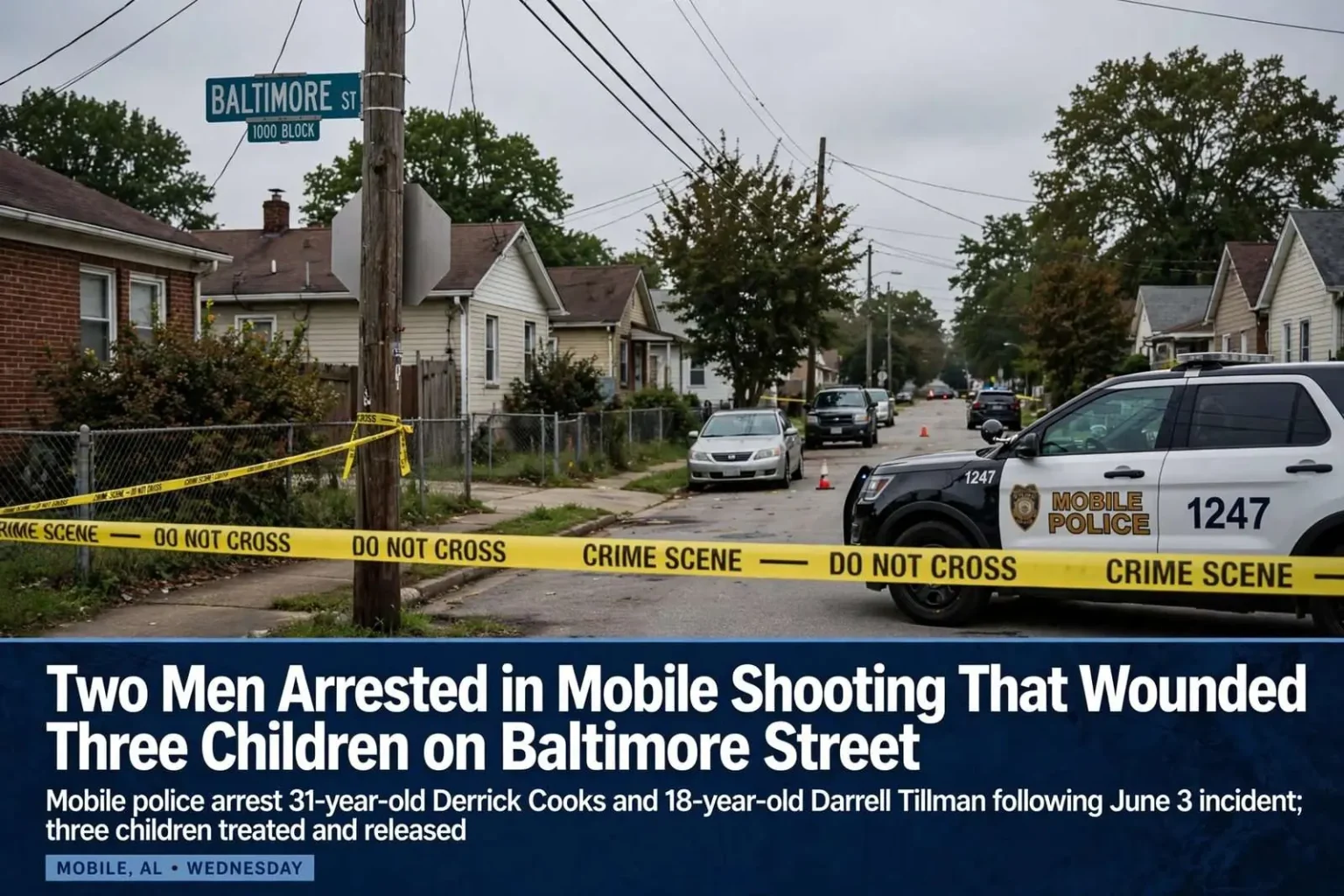 Illustration for the news story: Two Men Arrested in Mobile Shooting That Wounded Three Children on Baltimore Street