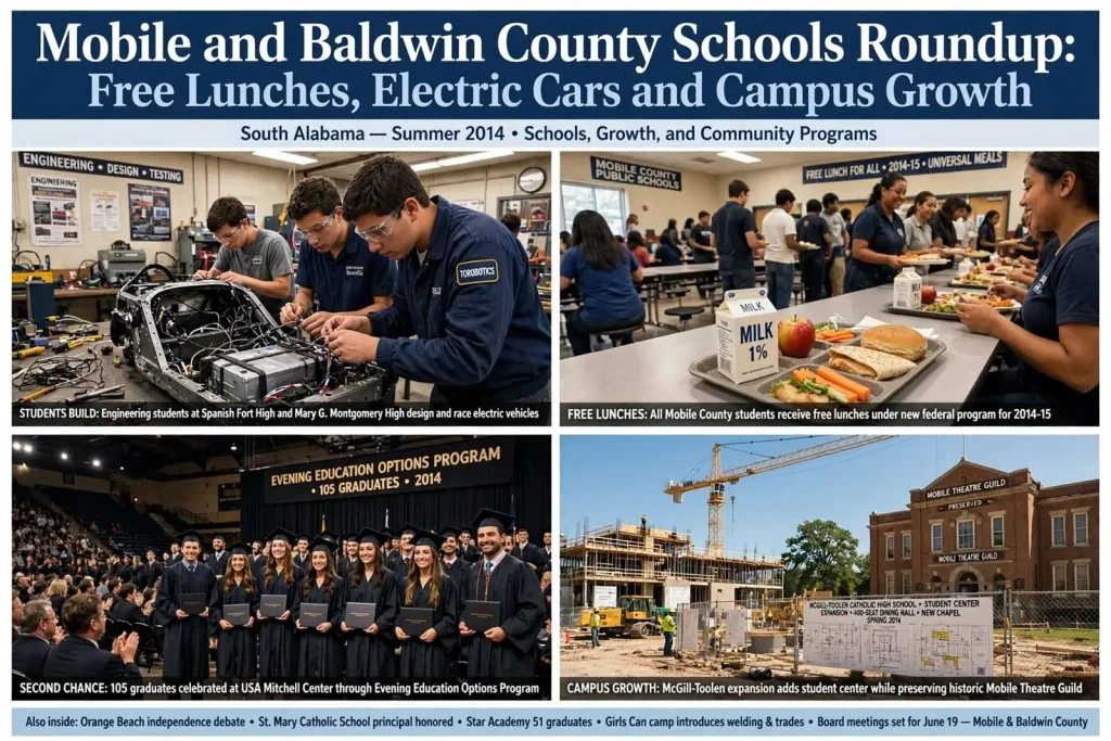 Illustration for the news story: Mobile and Baldwin County Schools Roundup: Free Lunches, Electric Cars and Campus Growth