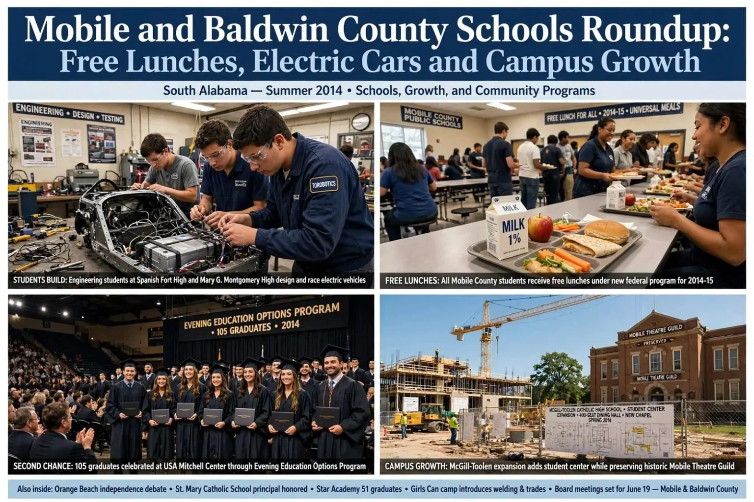 Illustration for the news story: Mobile and Baldwin County Schools Roundup: Free Lunches, Electric Cars and Campus Growth