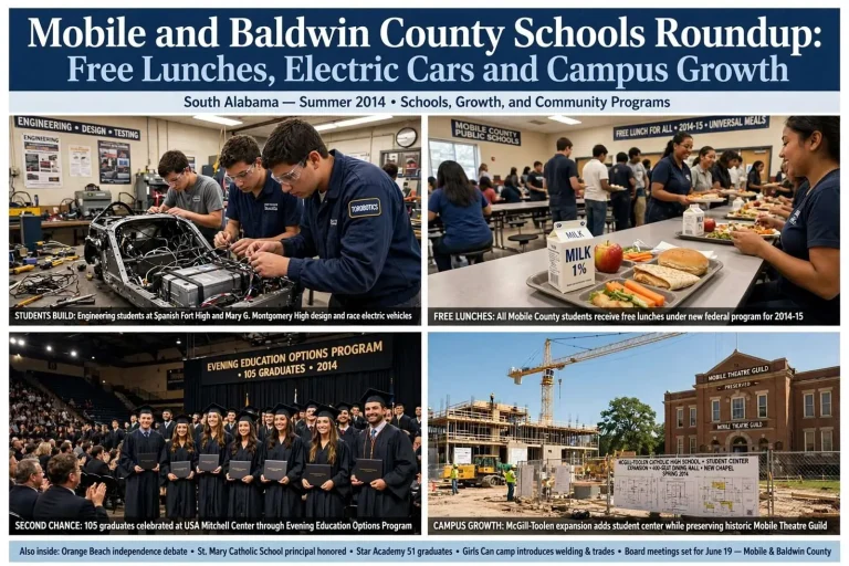 Illustration for the news story: Mobile and Baldwin County Schools Roundup: Free Lunches, Electric Cars and Campus Growth
