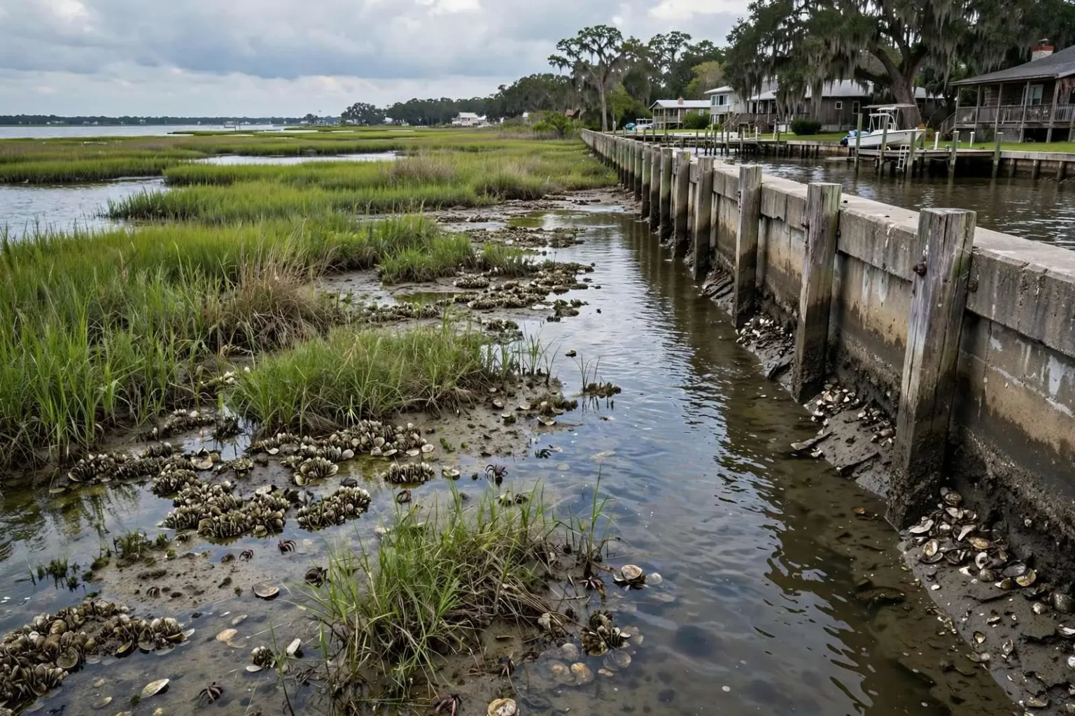 Illustration for the news story: Study Finds Mobile Bay Seawalls Harm Habitat and Raise Long-Term Costs
