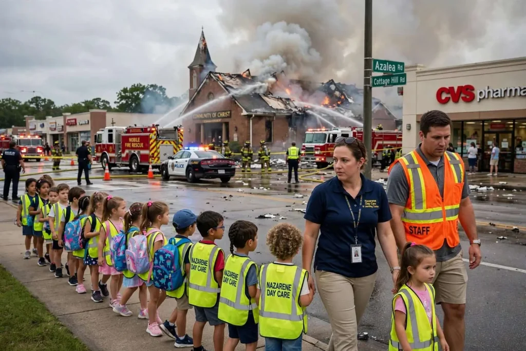 Illustration for the news story: Mobile Church Fire Sends Daycare Children Walking Past Flames on Azalea Road