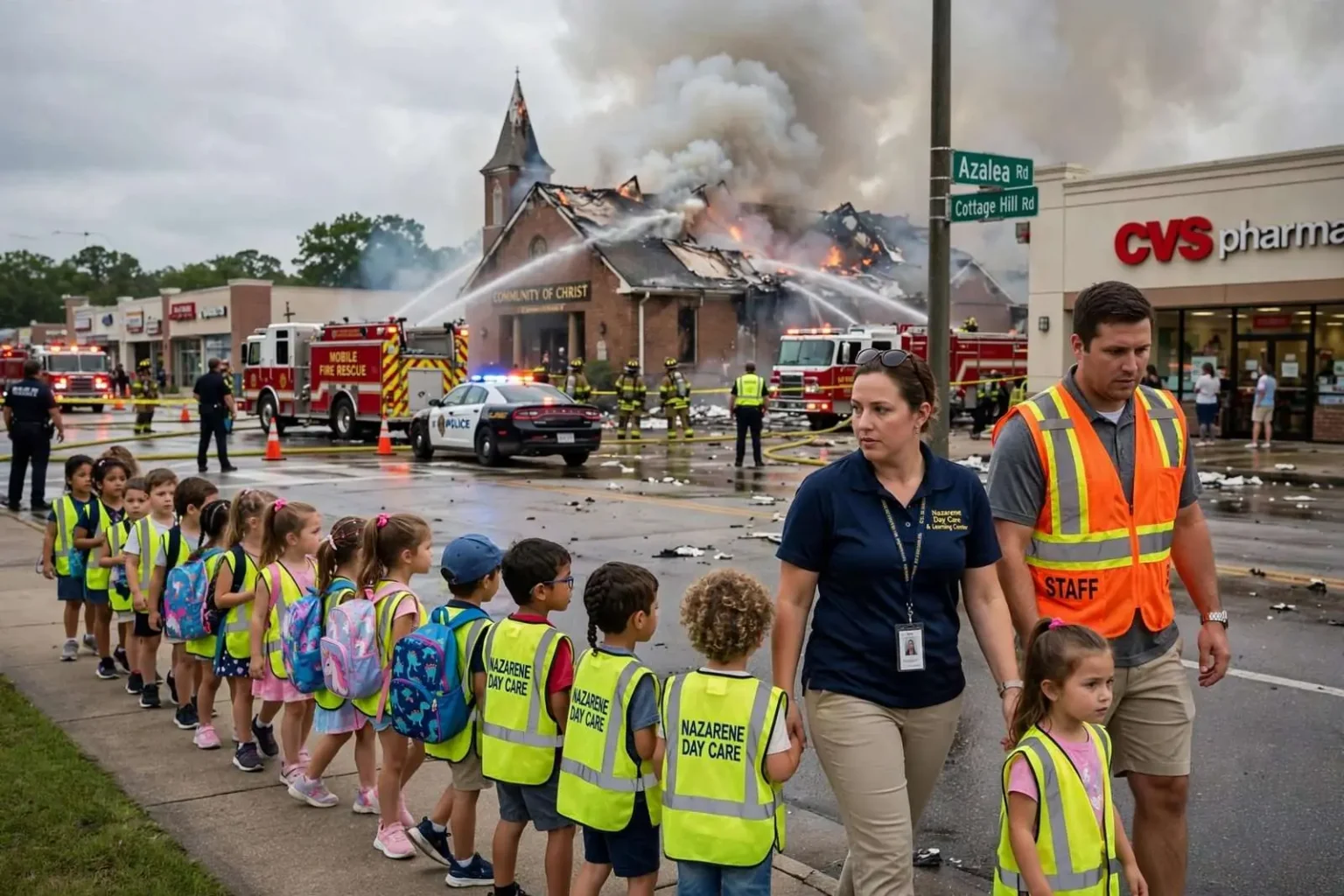 Illustration for the news story: Mobile Church Fire Sends Daycare Children Walking Past Flames on Azalea Road