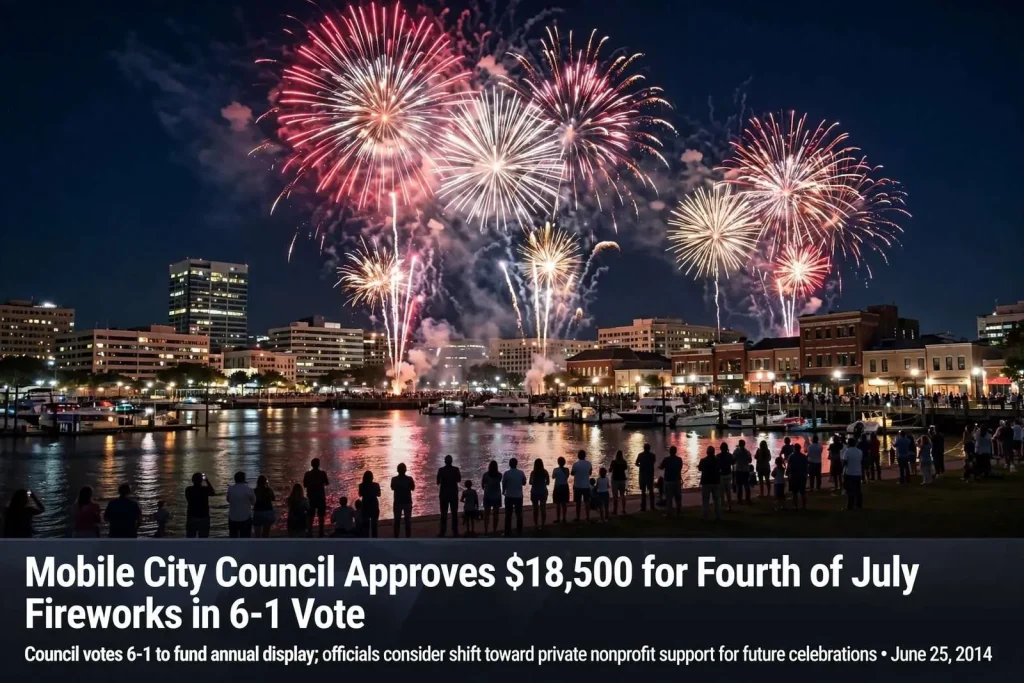 Illustration for the news story: Mobile City Council Approves $18,500 for Fourth of July Fireworks in 6-1 Vote
