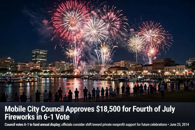 Illustration for the news story: Mobile City Council Approves $18,500 for Fourth of July Fireworks in 6-1 Vote