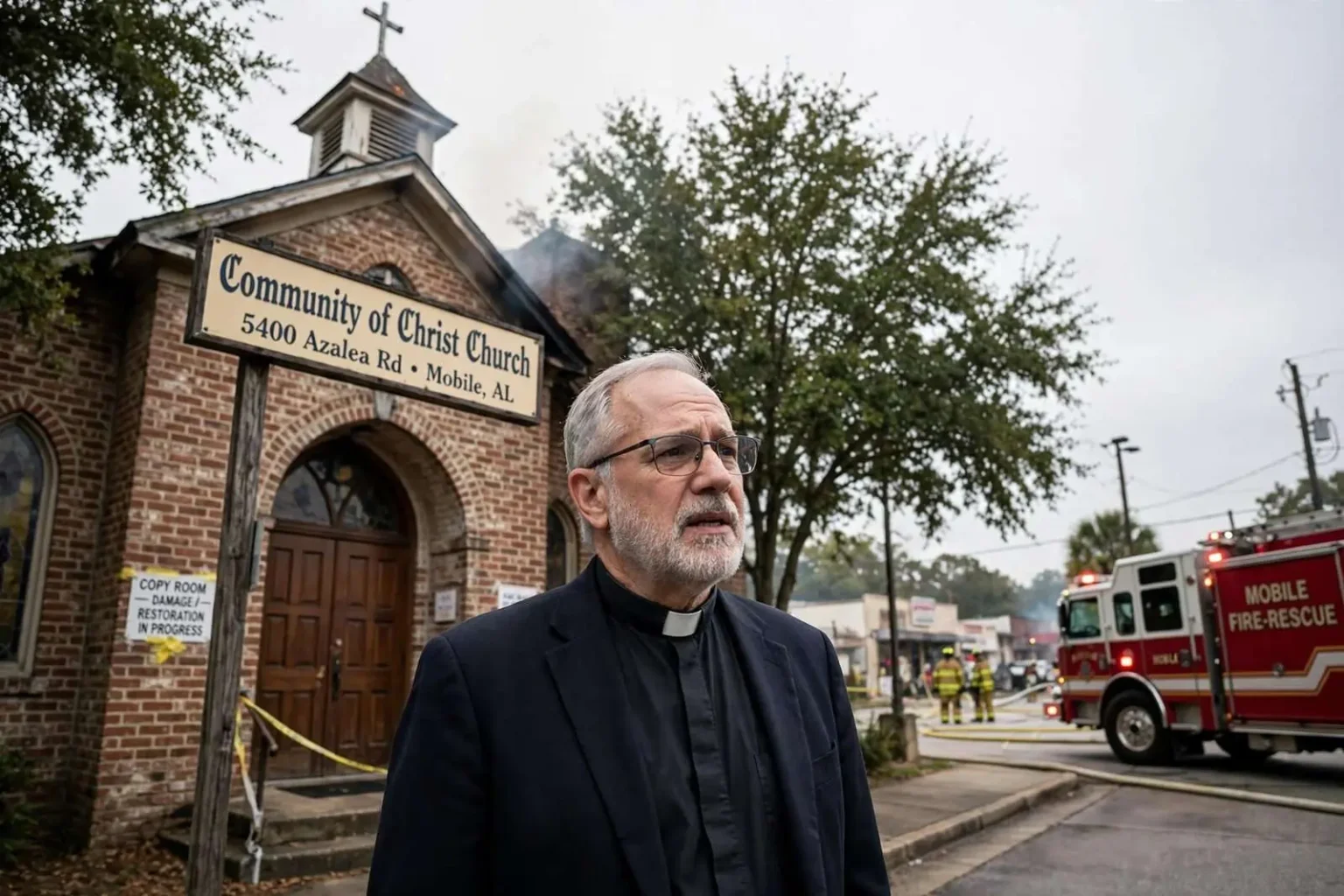 Illustration for the news story: Pastor’s Early Arrival Credited With Sparing Mobile’s Community of Christ Church From Total Loss