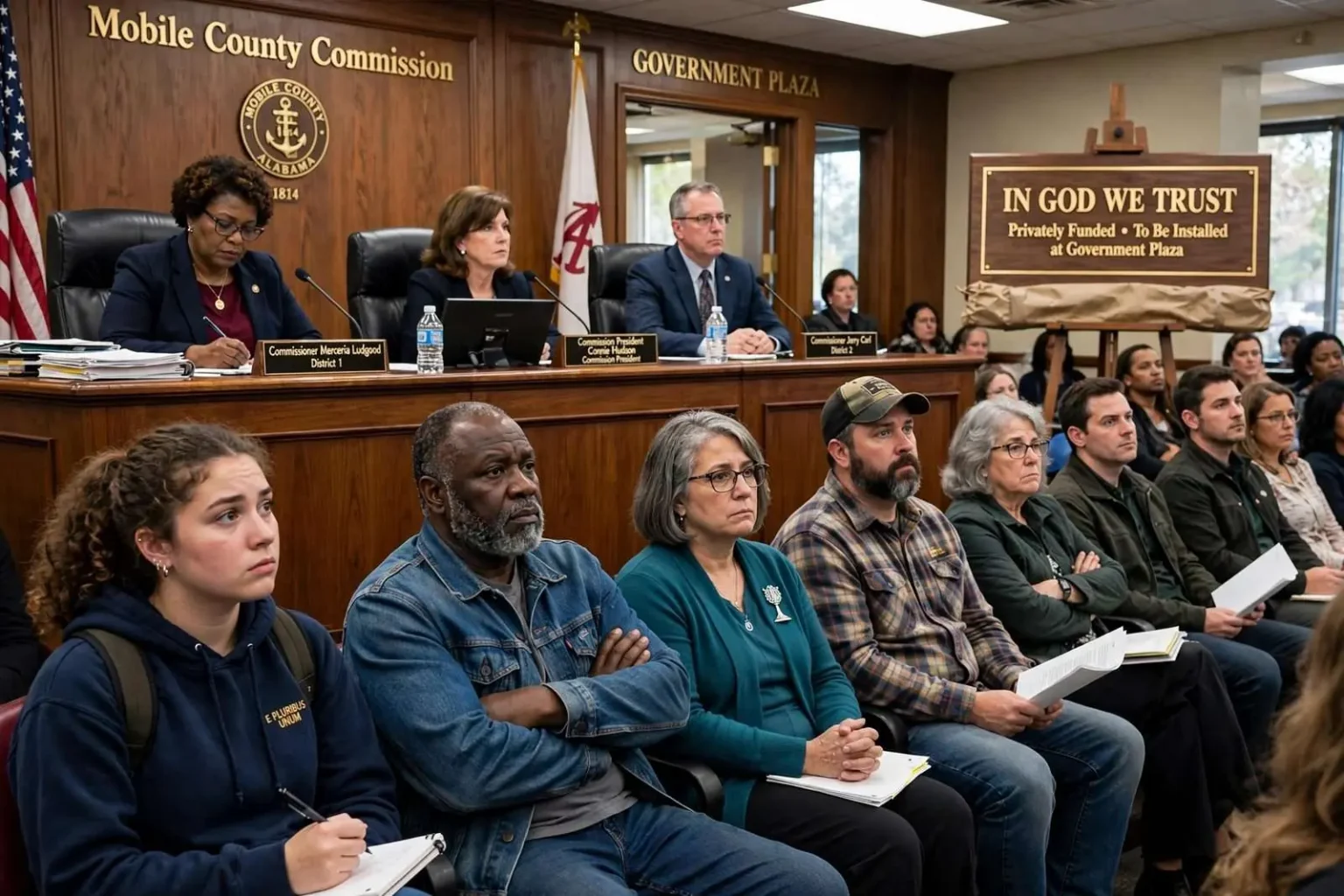 Illustration for the news story: Mobile County Commission Narrowly Approves ‘In God We Trust’ Display for Government Plaza