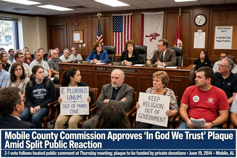 Illustration for the news story: Mobile County Commission Approves ‘In God We Trust’ Plaque Amid Split Public Reaction