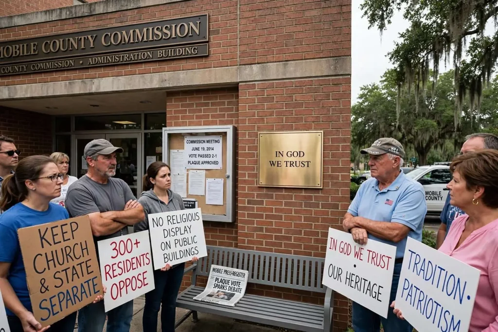Illustration for the news story: Mobile County’s Vote to Post ‘In God We Trust’ Plaque Ignites Fierce Debate