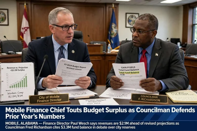 Illustration for the news story: Mobile Finance Chief Touts Budget Surplus as Councilman Defends Prior Year’s Numbers