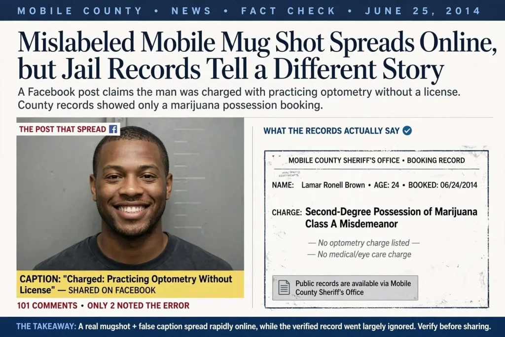 Illustration for the news story: Mislabeled Mobile Mug Shot Spreads Online, but Jail Records Tell a Different Story