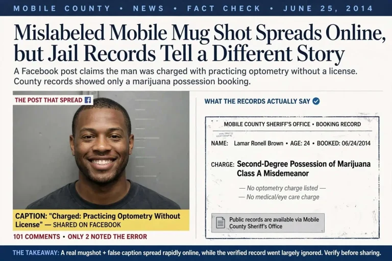Illustration for the news story: Mislabeled Mobile Mug Shot Spreads Online, but Jail Records Tell a Different Story