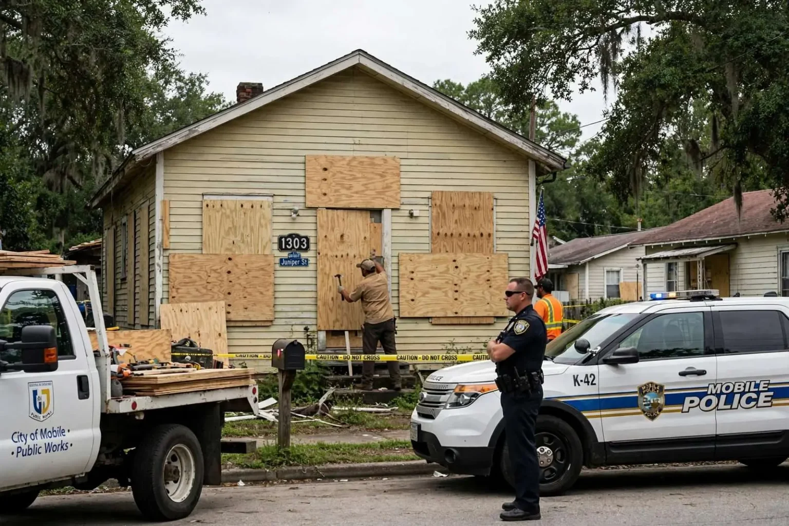 Illustration for the news story: Mobile Police Board Up Juniper Street Home After 58 Arrests in 2014