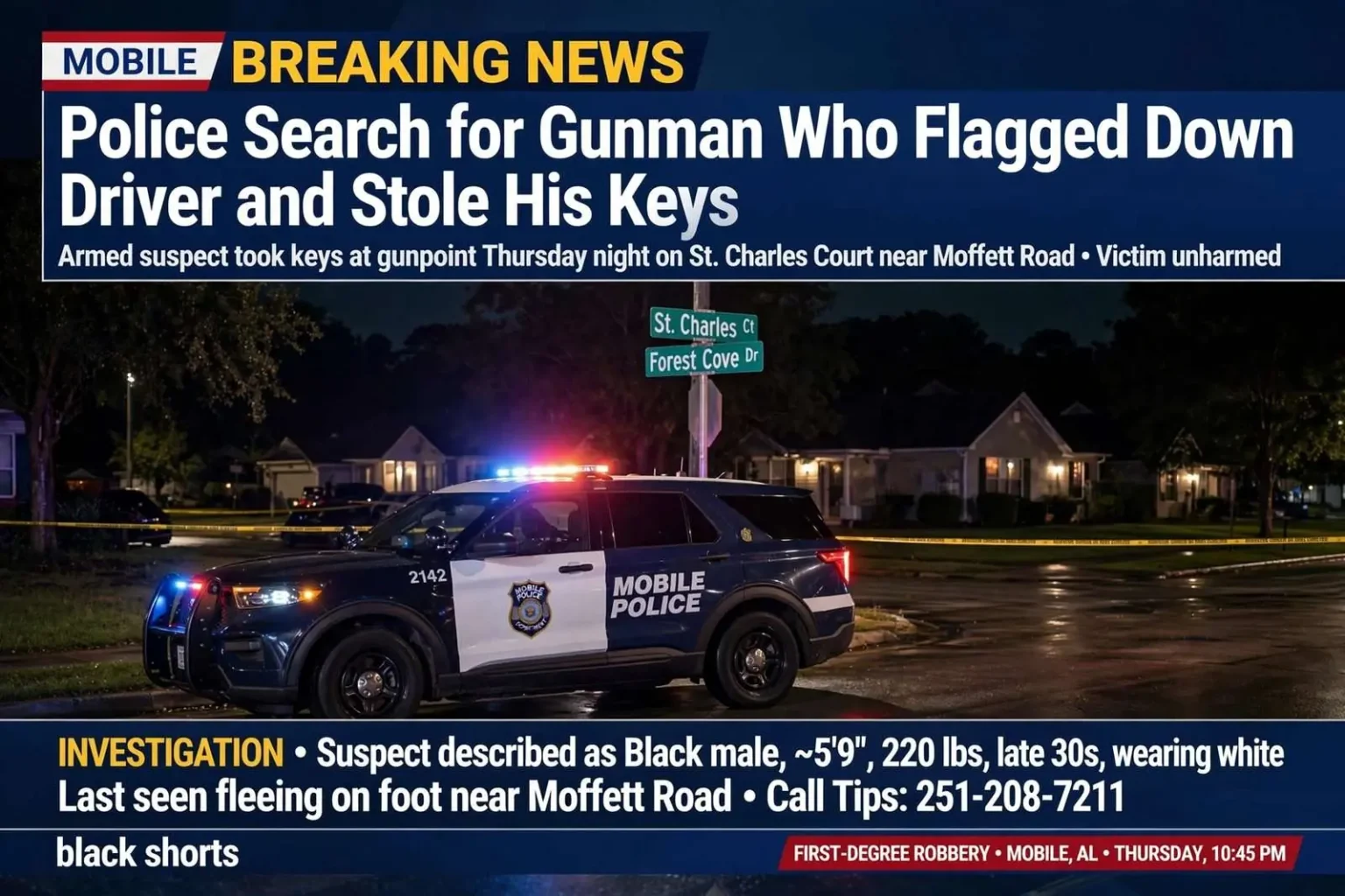Illustration for the news story: Mobile Police Search for Gunman Who Flagged Down Driver and Stole His Keys