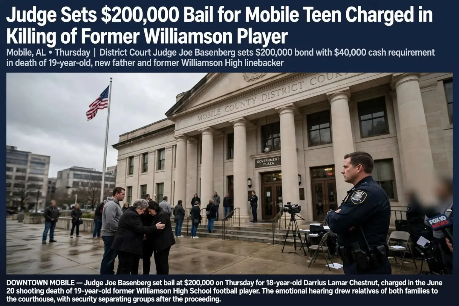 Illustration for the news story: Judge Sets $200,000 Bail for Mobile Teen Charged in Killing of Former Williamson Player