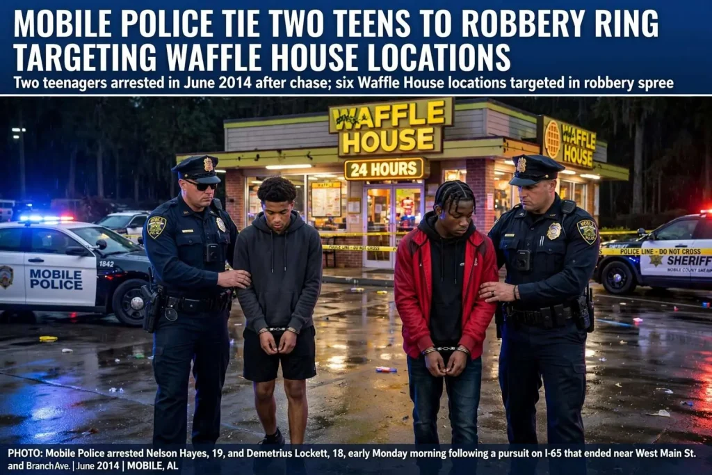 Illustration for the news story: Mobile Police Tie Two Teens to Robbery Ring Targeting Waffle House Locations