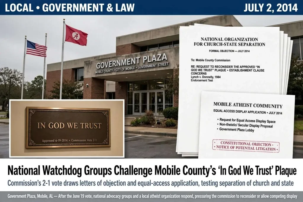 Illustration for the news story: National Watchdog Groups Challenge Mobile County’s ‘In God We Trust’ Plaque Decision