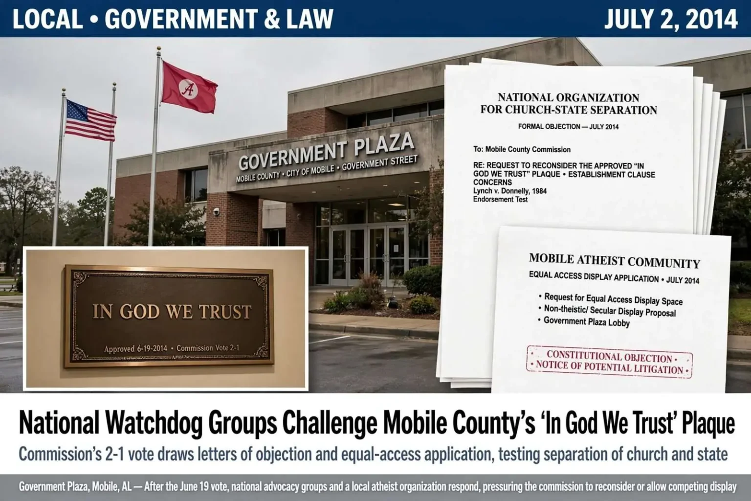Illustration for the news story: National Watchdog Groups Challenge Mobile County’s ‘In God We Trust’ Plaque Decision