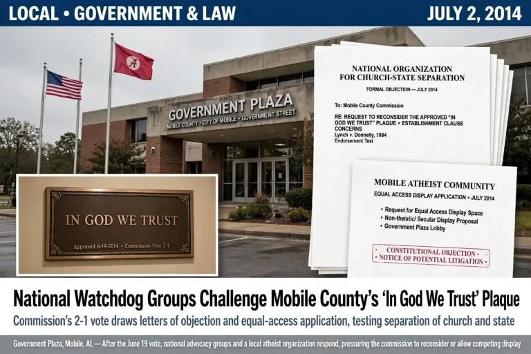 Illustration for the news story: National Watchdog Groups Challenge Mobile County’s ‘In God We Trust’ Plaque Decision