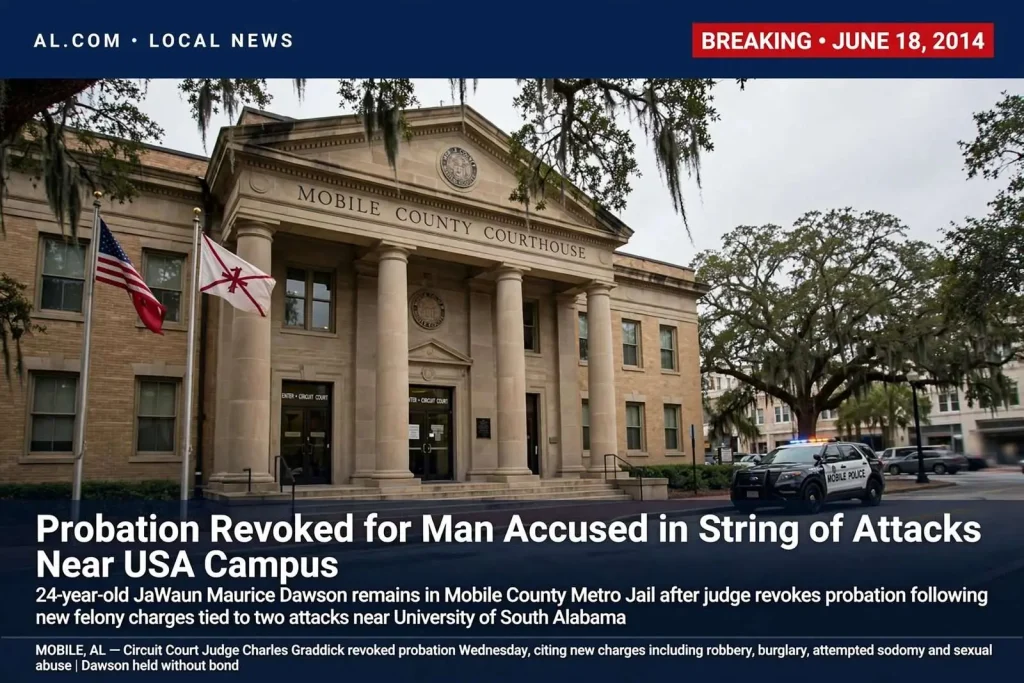 Illustration for the news story: Probation Revoked for Man Accused in String of Attacks Near USA Campus