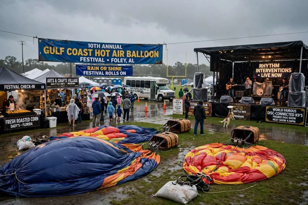 Illustration for the news story: Rain Grounds Morning Balloons but Foley Festival Rolls On