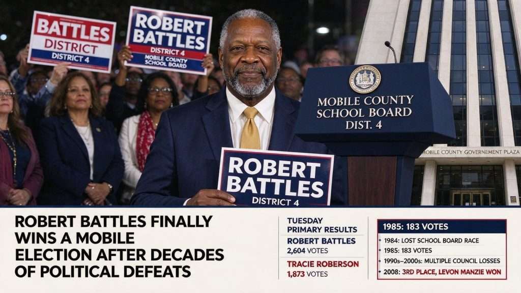 Illustration for the news story: Robert Battles Finally Wins a Mobile Election After Decades of Political Defeats