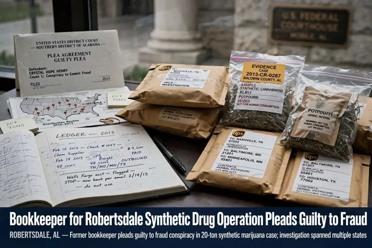 Illustration for the news story: Bookkeeper for Robertsdale Synthetic Drug Operation Pleads Guilty to Fraud