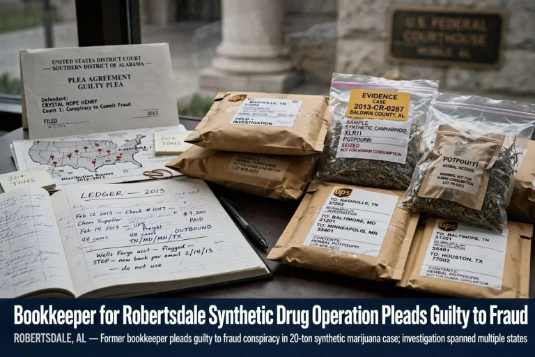 Illustration for the news story: Bookkeeper for Robertsdale Synthetic Drug Operation Pleads Guilty to Fraud