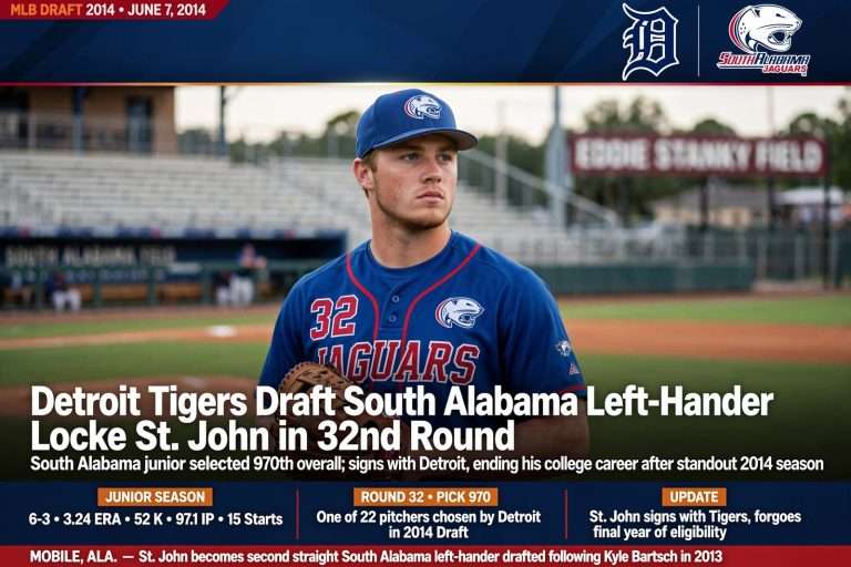 Illustration for the news story: Detroit Tigers Draft South Alabama Left-Hander Locke St. John in 32nd Round