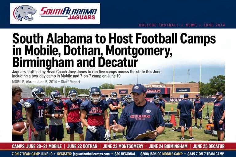 Illustration for the news story: South Alabama to Host Football Camps in Mobile, Dothan, Montgomery, Birmingham and Decatur