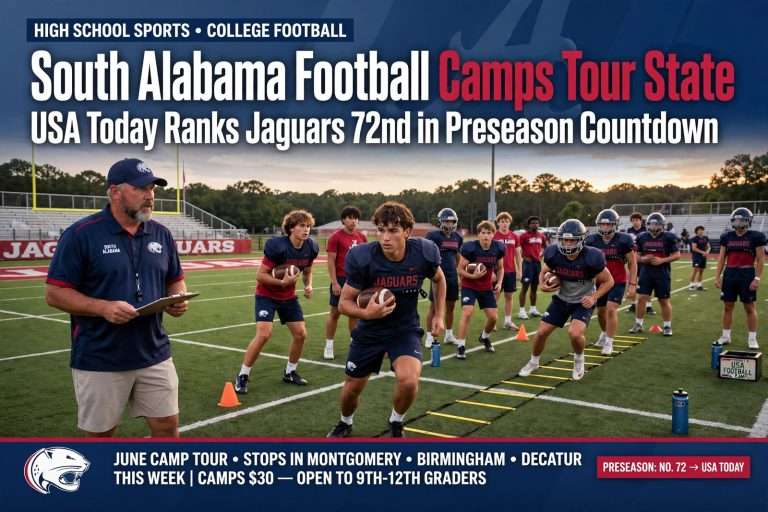 Illustration for the news story: South Alabama Football Camps Tour State; USA Today Ranks Jaguars 72nd in Preseason Countdown