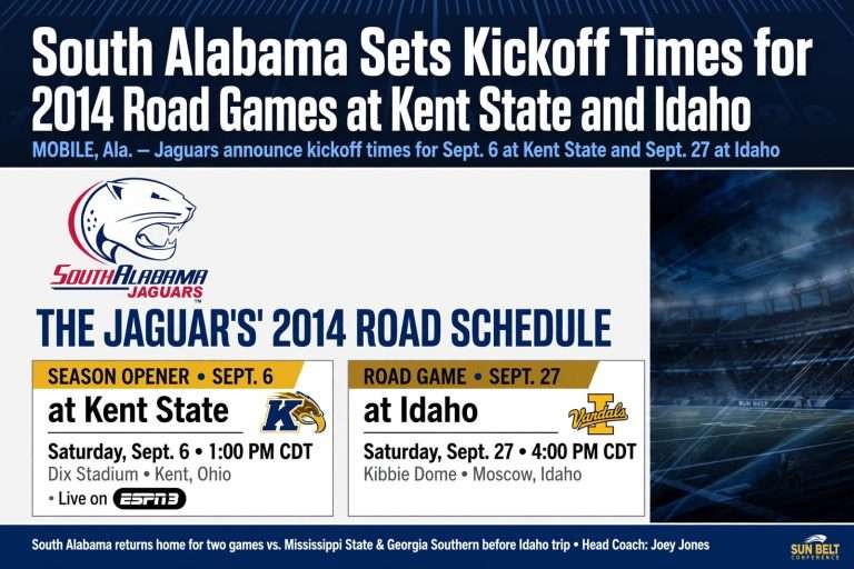 Illustration for the news story: South Alabama Sets Kickoff Times for 2014 Road Games at Kent State and Idaho