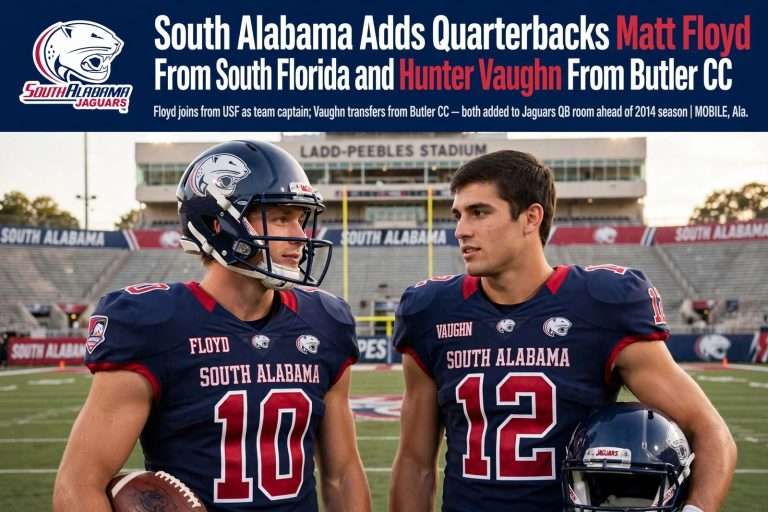 Illustration for the news story: South Alabama Adds Quarterbacks Matt Floyd From South Florida and Hunter Vaughn From Butler CC