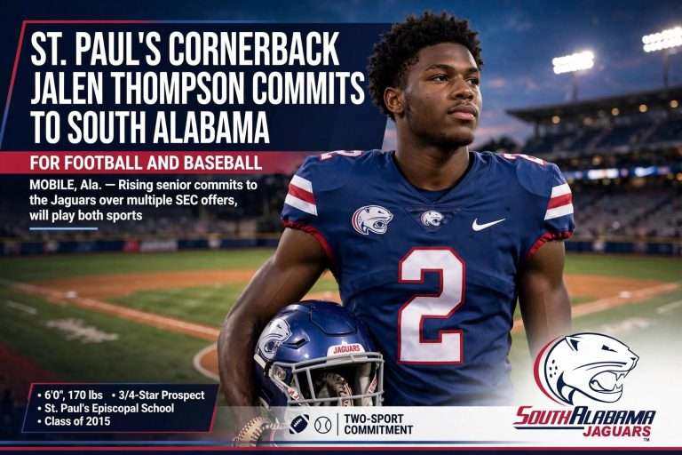 Illustration for the news story: St. Paul’s Cornerback Jalen Thompson Commits to South Alabama for Football and Baseball
