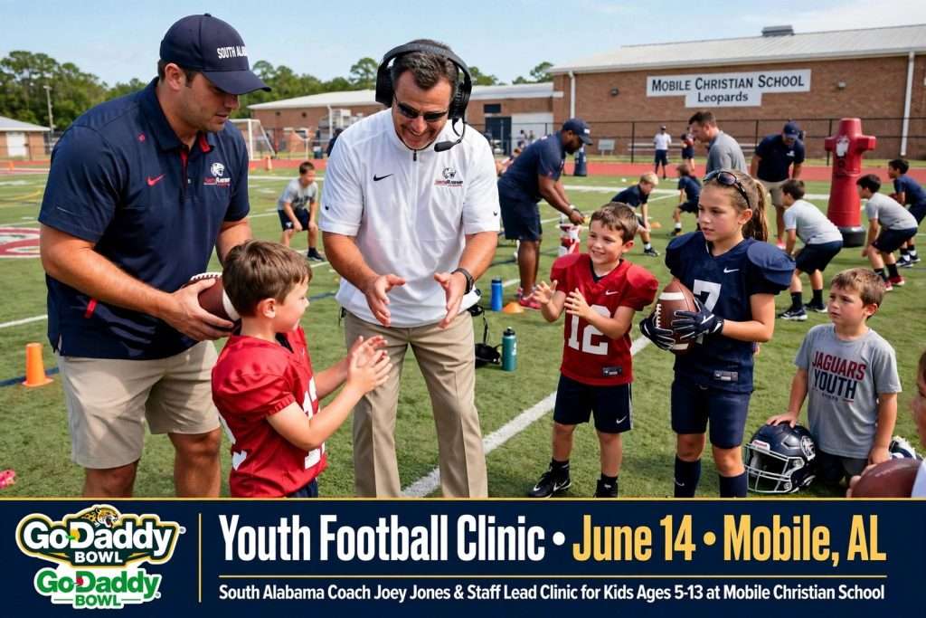 Illustration for the news story: Joey Jones and South Alabama Staff to Coach GoDaddy Bowl Youth Football Clinic June 14