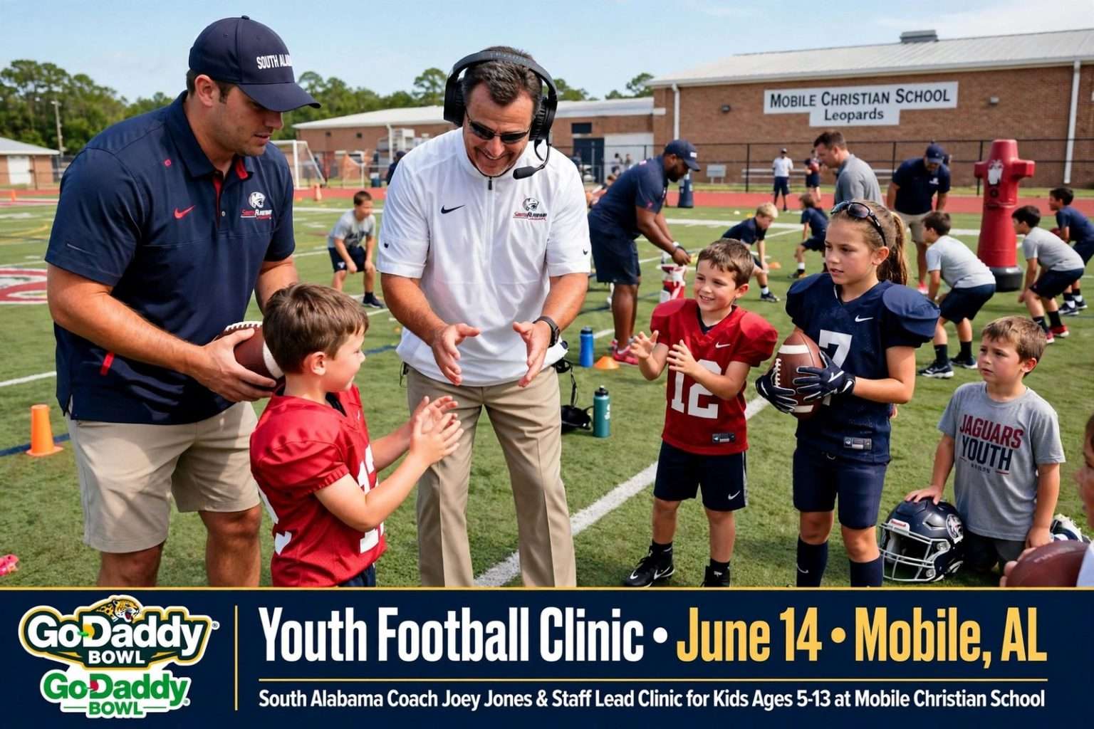 Illustration for the news story: Joey Jones and South Alabama Staff to Coach GoDaddy Bowl Youth Football Clinic June 14