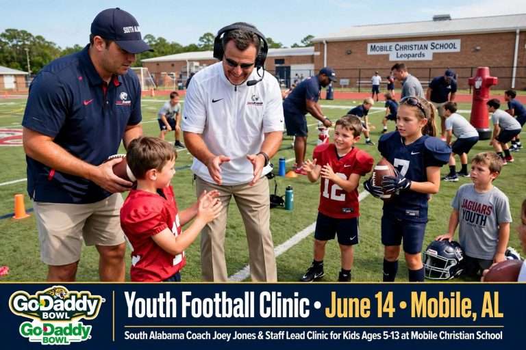 Illustration for the news story: Joey Jones and South Alabama Staff to Coach GoDaddy Bowl Youth Football Clinic June 14