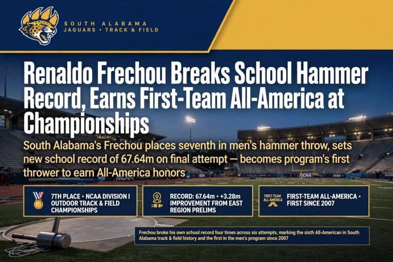 Illustration for the news story: Renaldo Frechou Breaks School Hammer Record, Earns First-Team All-America Honors at NCAA Championships