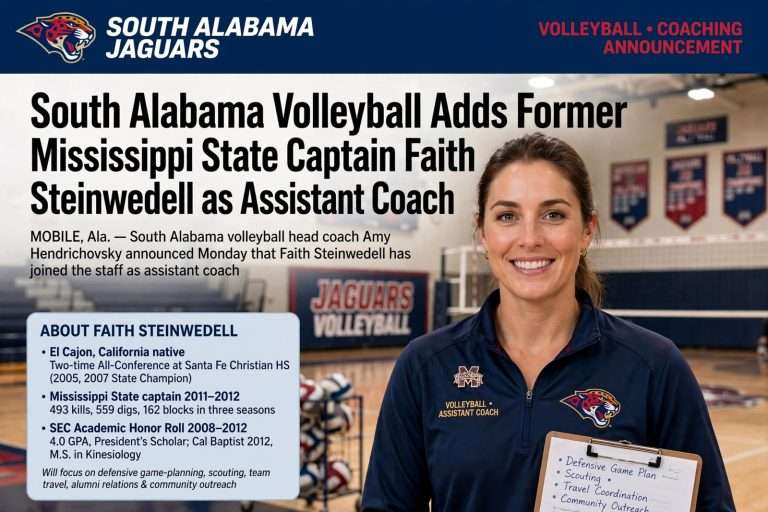 Illustration for the news story: South Alabama Volleyball Adds Former Mississippi State Captain Faith Steinwedell as Assistant Coach