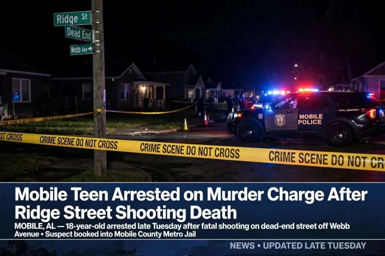 Illustration for the news story: Mobile Teen Arrested on Murder Charge After Ridge Street Shooting Death