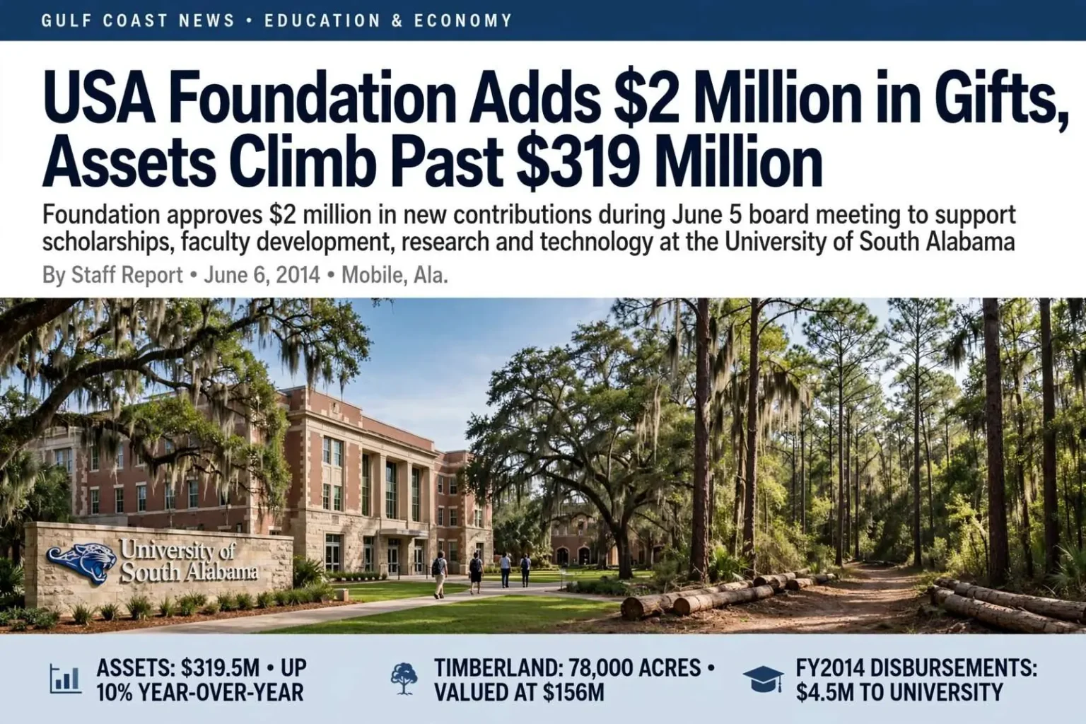 Illustration for the news story: USA Foundation Adds $2 Million in Gifts, Assets Climb Past $319 Million