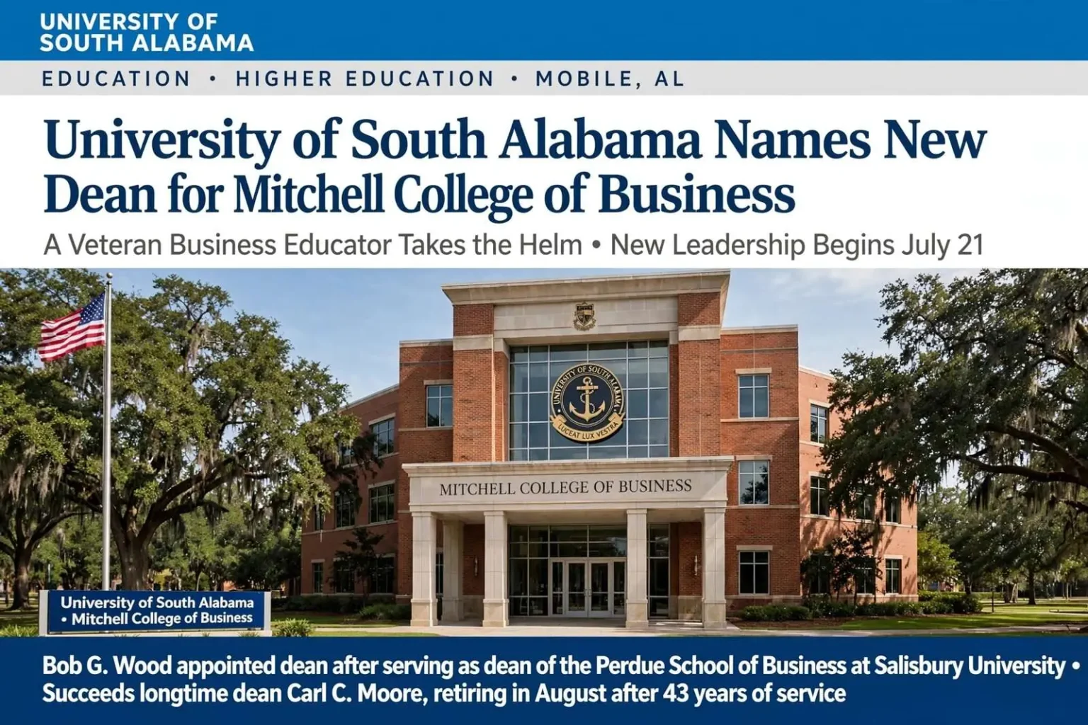 Illustration for the news story: University of South Alabama Names New Dean for Mitchell College of Business