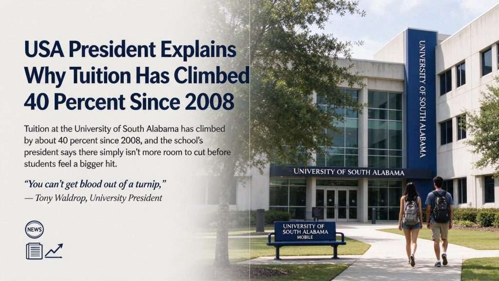 Illustration for the news story: USA President Explains Why Tuition Has Climbed 40 Percent Since 2008