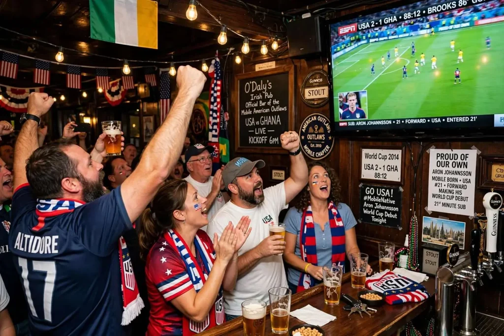 Illustration for the news story: Mobile Fans Roar as Hometown’s Aron Johannsson Takes the World Cup Stage